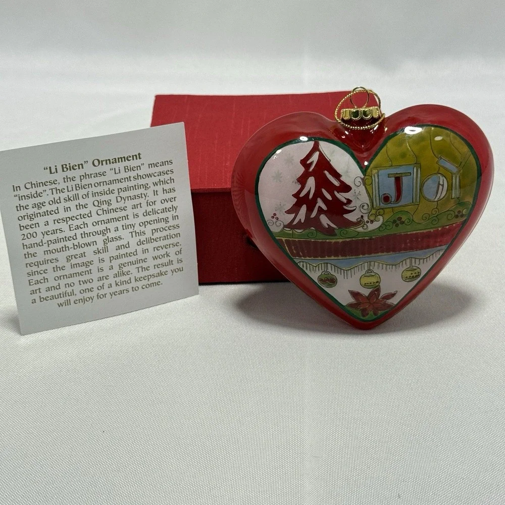 2008 Pier 1 Imports Heart Glass Christmas‎ Ornament Red NOEL Hand Painted Floral